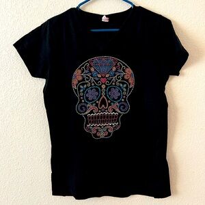 Sugar Skull rhinestone v-neck tee